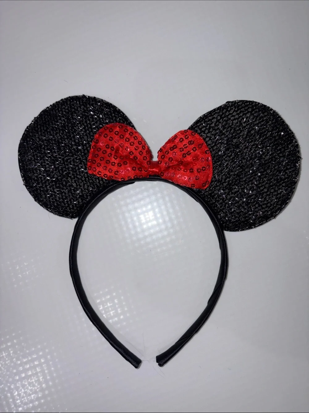 Black Sparkle Mouse Ear Headband with Red Sequin Bow